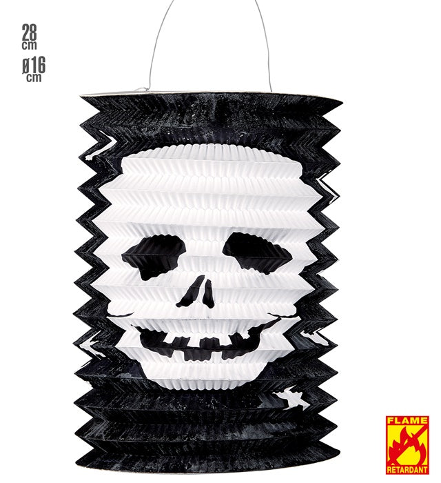 Schwarz-weisse Totenkopf Laterne mit 16 cm Durchmesser und 28 cm Höhe als Halloween Dekoration