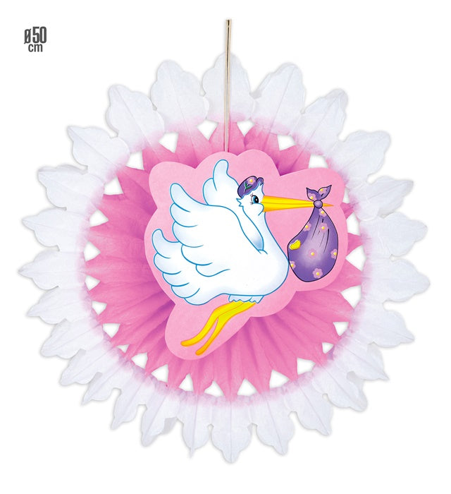 Rosa Papierfächer mit Storch und Baby Motiv, 50 cm Durchmesser