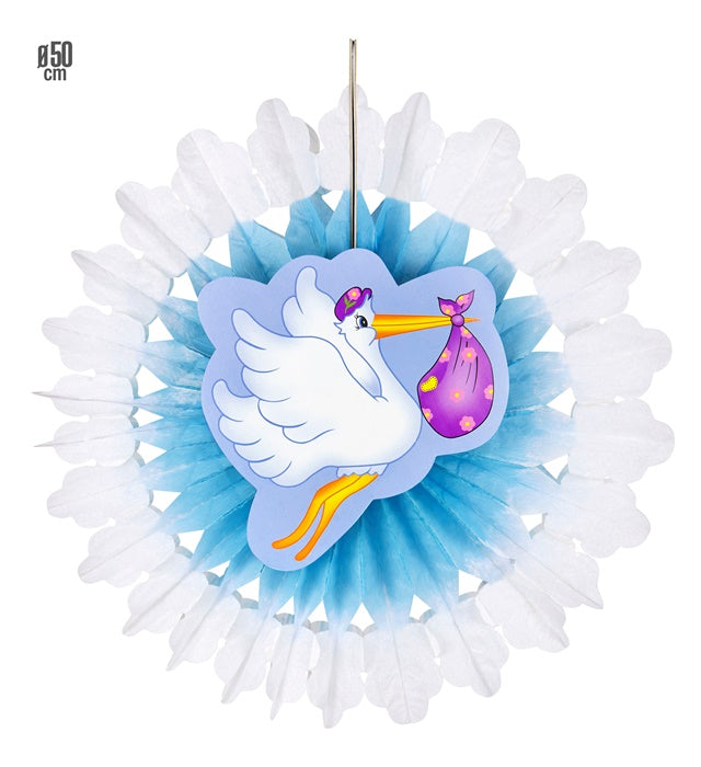 Hellblauer Papierfächer mit Storch und Baby Motiv, 50 cm Durchmesser