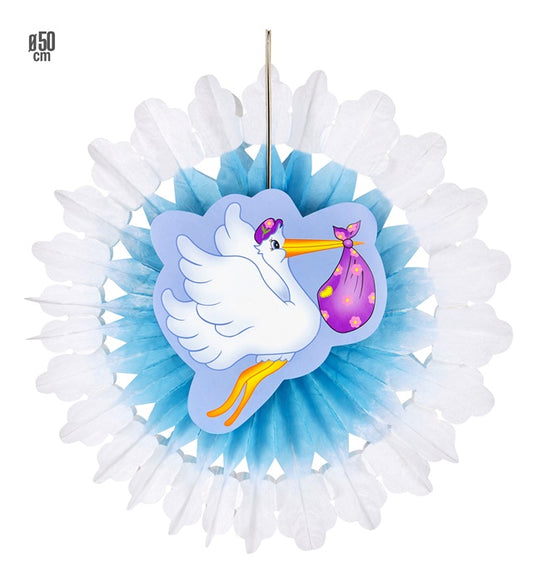 Hellblauer Papierfächer mit Storch und Baby Motiv, 50 cm Durchmesser
