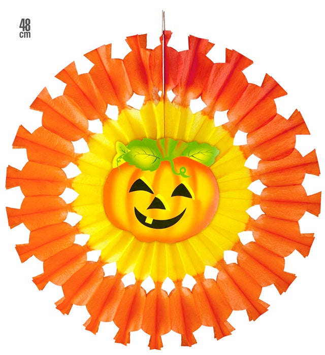 Oranger Kürbis Papierfächer mit 48 cm Durchmesser als Halloween Dekoration