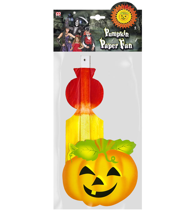 Oranger Kürbis Papierfächer mit 48 cm Durchmesser als Halloween Dekoration