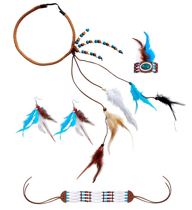 Indianer-Set mit Stirnband, Federn, Ohrringen, Halsband und Armband für Fasnacht