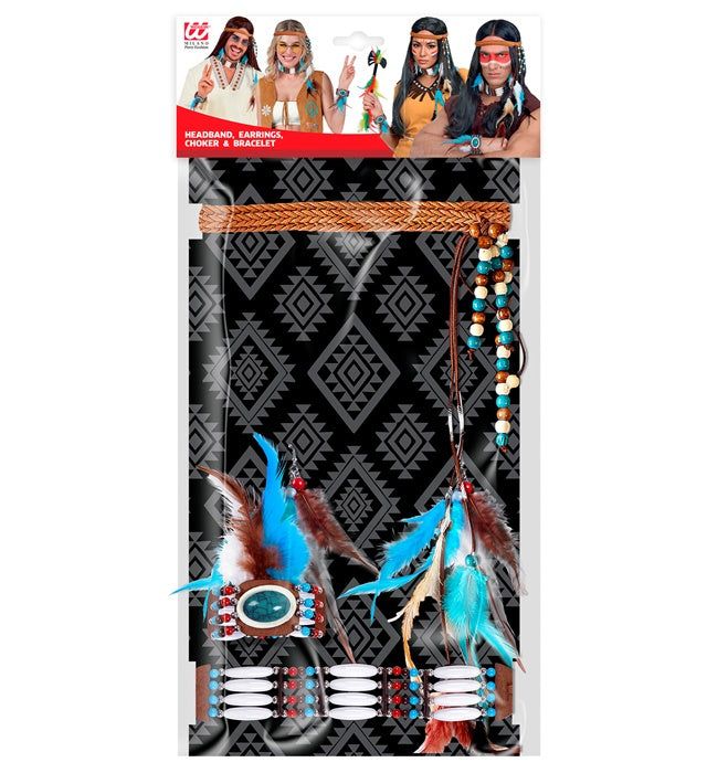 Indianer-Set mit Stirnband, Federn, Ohrringen, Halsband und Armband für Fasnacht