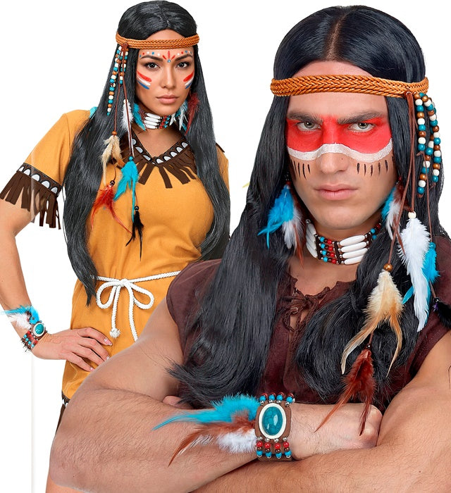 Indianer-Set mit Stirnband, Federn, Ohrringen, Halsband und Armband für Fasnacht