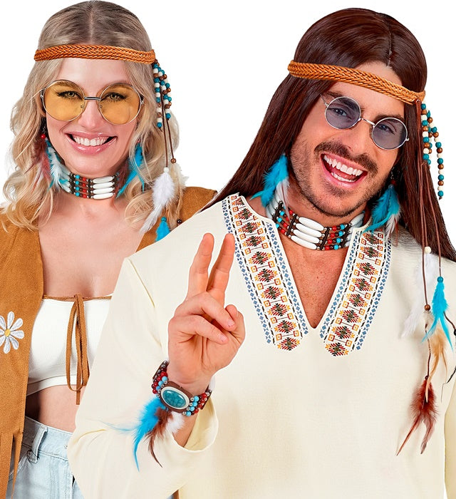 Indianer-Set mit Stirnband, Federn, Ohrringen, Halsband und Armband für Fasnacht