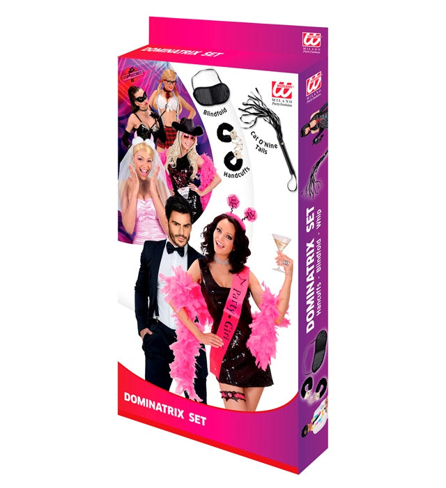 Dominatrix-Set mit plüschbezogenen Handschellen, schwarzer Augenbinde und schwarzer Peitsche