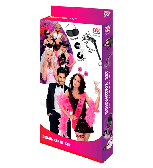 Dominatrix-Set mit plüschbezogenen Handschellen, schwarzer Augenbinde und schwarzer Peitsche