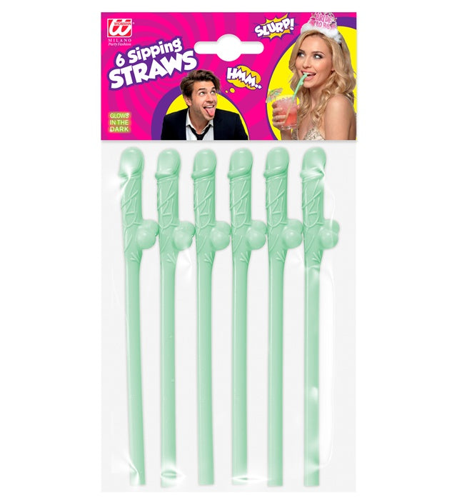 Set mit 6 leuchtenden Glow in the Dark Strohhalmen auf dunklem Hintergrund