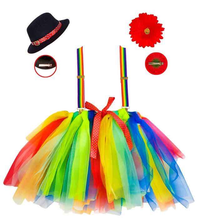 Buntes Clown-Kostüm mit Tutu, Hosenträgern und Minihut für Fasnacht