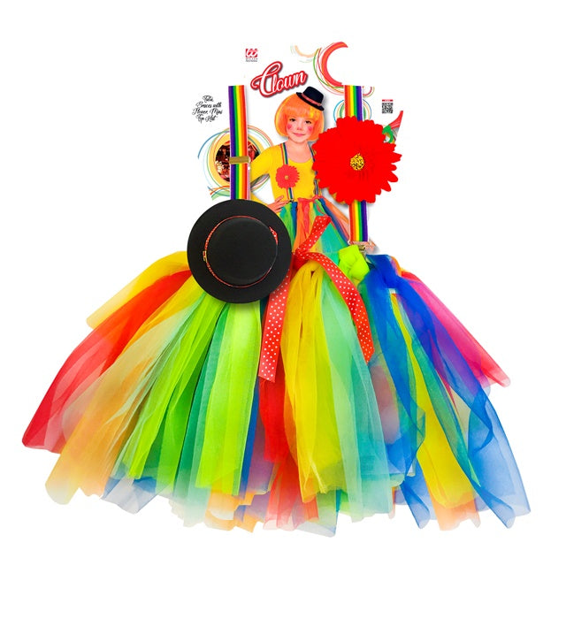 Buntes Clown-Kostüm mit Tutu, Hosenträgern und Minihut für Fasnacht