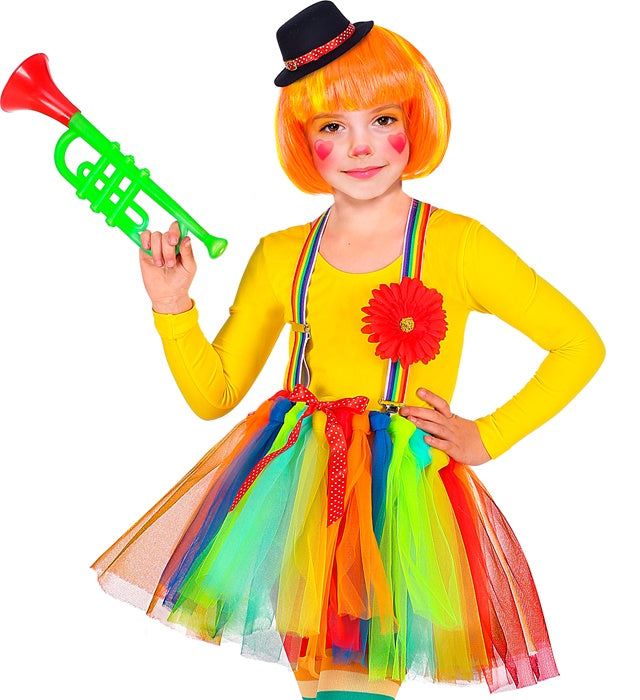 Buntes Clown-Kostüm mit Tutu, Hosenträgern und Minihut für Fasnacht