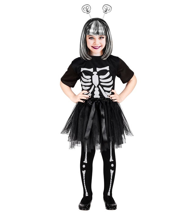 Skelett-Kostüm mit schwarzem T-Shirt, Tutu und Haarreif mit Totenköpfen