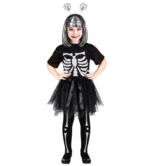 Skelett-Kostüm mit schwarzem T-Shirt, Tutu und Haarreif mit Totenköpfen