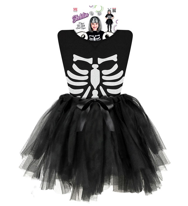 Skelett-Kostüm mit schwarzem T-Shirt, Tutu und Haarreif mit Totenköpfen