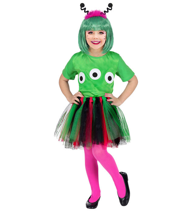 ALIEN-Kostüm Set mit T-Shirt, buntem Tutu und Haarreif mit Antennen
