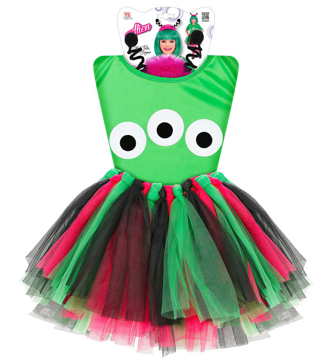 ALIEN-Kostüm Set mit T-Shirt, buntem Tutu und Haarreif mit Antennen