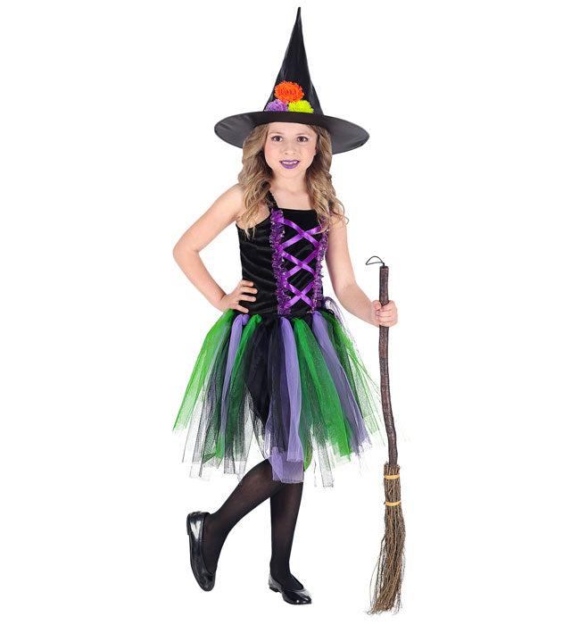 Hexen-Kostüm mit schwarzem Kleid, farbigem Tutu und spitzem Hut für Fasnacht