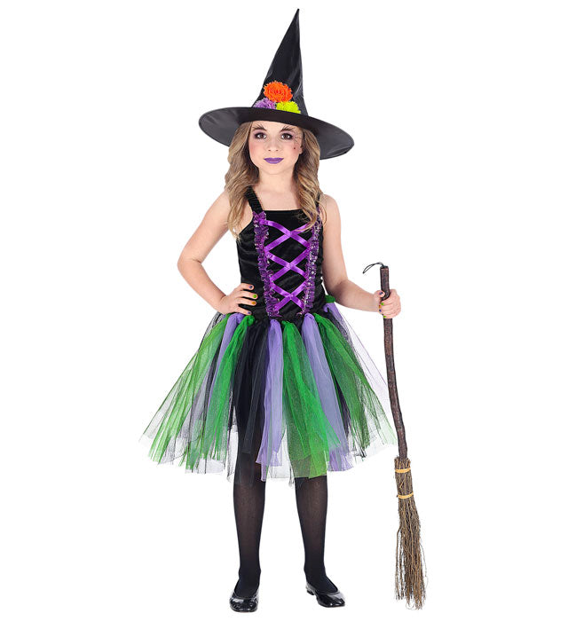 Hexen-Kostüm mit schwarzem Kleid, farbigem Tutu und spitzem Hut für Fasnacht