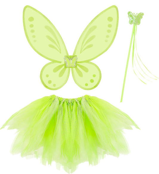 Grünes Feenkostüm mit Tutu, Flügeln und Feenstab für Fasnacht