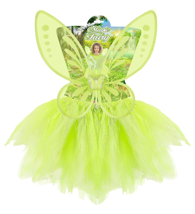Grünes Feenkostüm mit Tutu, Flügeln und Feenstab für Fasnacht
