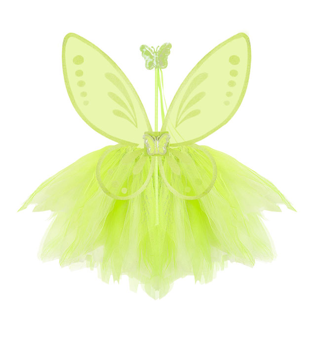 Grünes Feenkostüm mit Tutu, Flügeln und Feenstab für Fasnacht