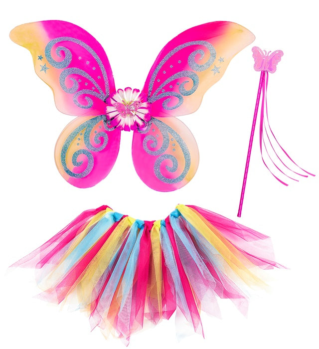 Buntes MAGIC FAIRY Feenkostüm mit Tutu, Flügeln und Feenstab