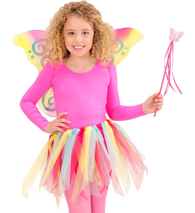 Buntes MAGIC FAIRY Feenkostüm mit Tutu, Flügeln und Feenstab