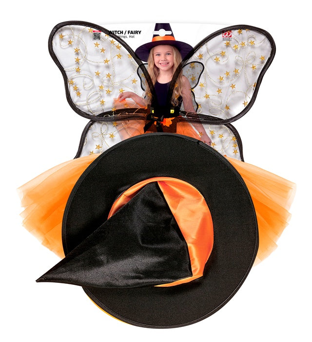 Feenhexe Kostüm mit Tutu, Flügeln und spitzem Hexenhut