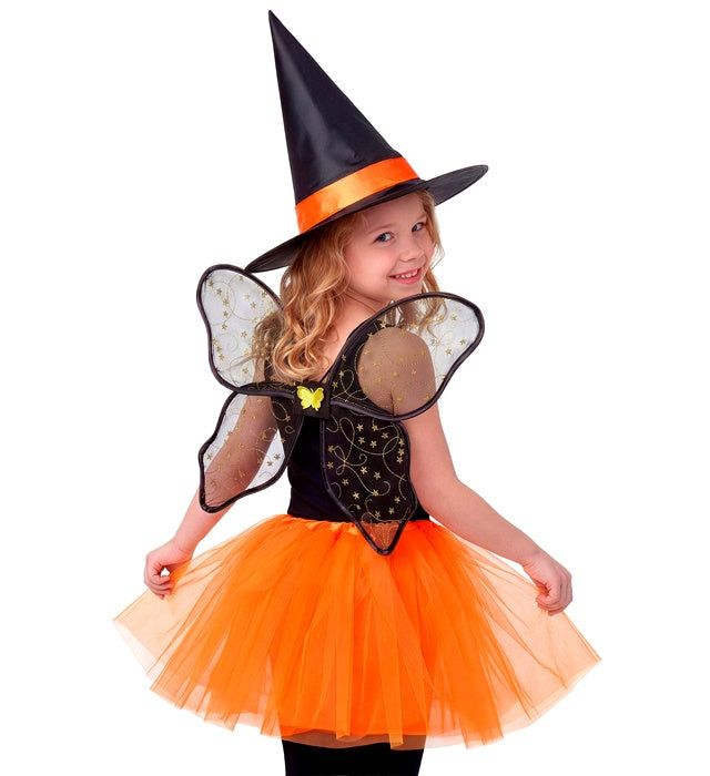Feenhexe Kostüm mit Tutu, Flügeln und spitzem Hexenhut