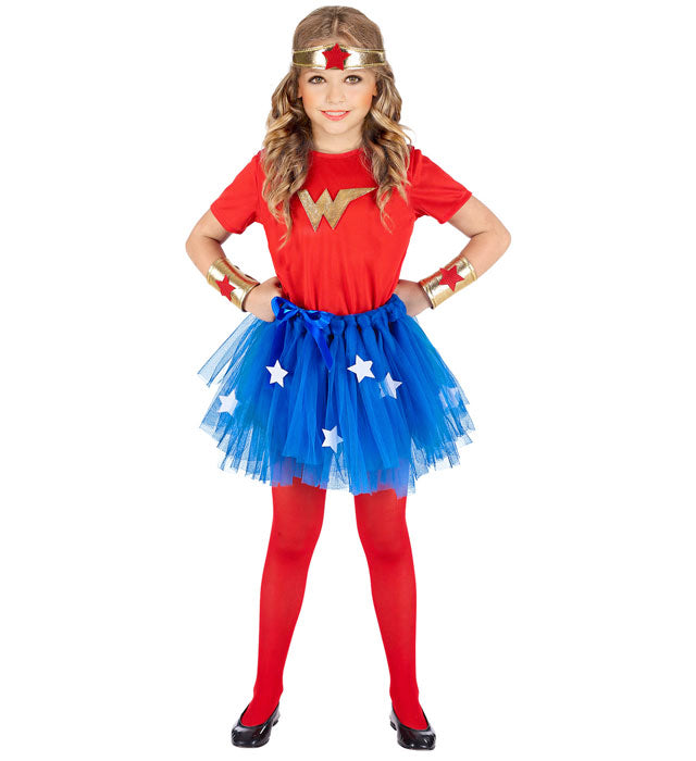 Wonder Girl Kostüm-Set mit T-Shirt, Tutu, Stirnband und Armstulpen für Kinder