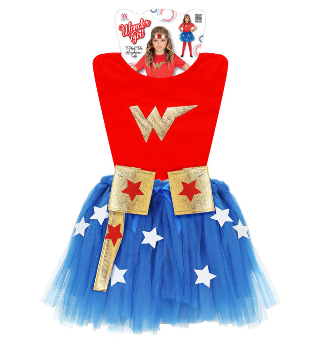 Wonder Girl Kostüm-Set mit T-Shirt, Tutu, Stirnband und Armstulpen für Kinder
