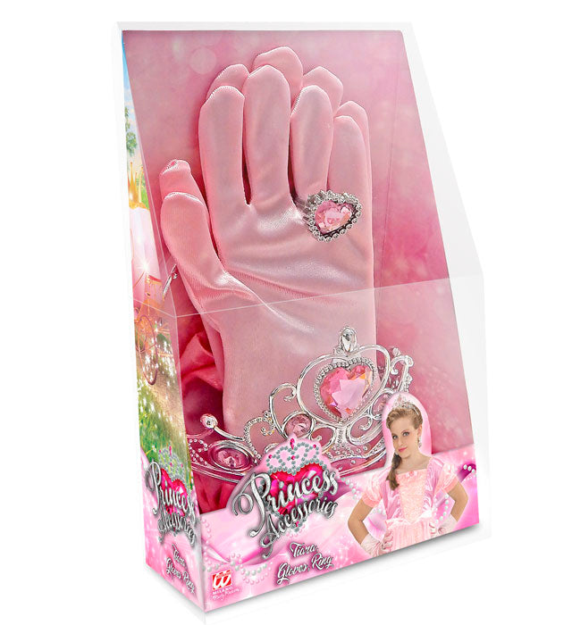 Prinzessinnen-Set Pink mit Tiara, Handschuhen und Ring für Kinder