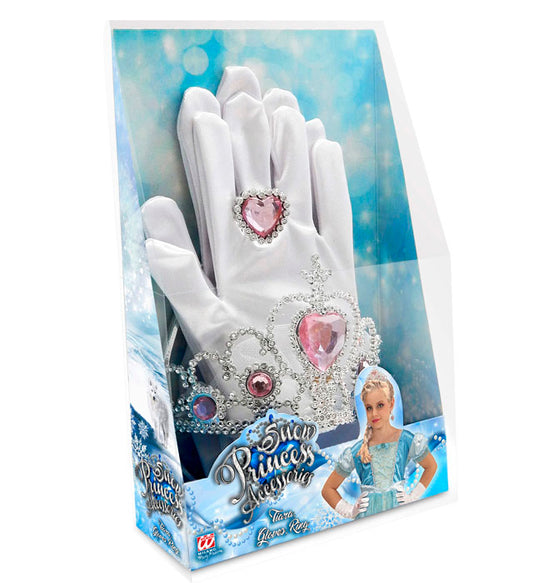 Schneeprinzessin Set mit Tiara, Handschuhen und Ring für Kinder