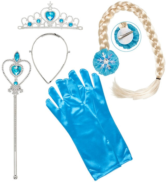 Schneeprinzessin Kinderkostüm-Set mit Tiara, Zopf, Handschuhen und Prinzessinnenstab
