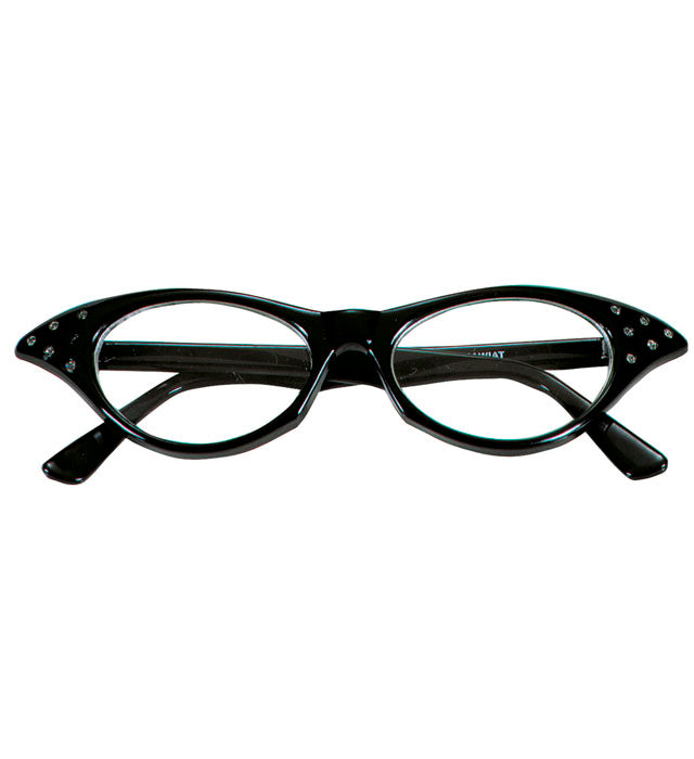 Schwarze 50er Jahre Brille mit funkelnden Strasssteinen auf schwarzem Hintergrund