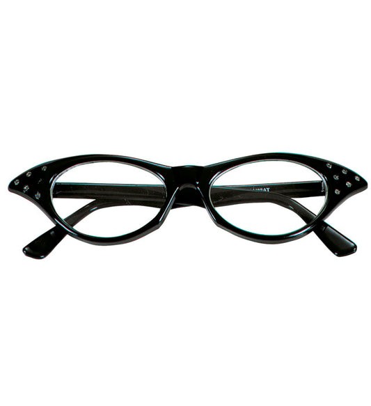 Schwarze 50er Jahre Brille mit funkelnden Strasssteinen auf schwarzem Hintergrund
