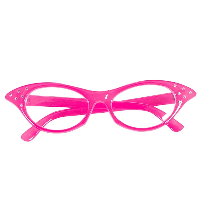 Pinkfarbene 50er Jahre Brille mit funkelnden Strasssteinen auf weißem Hintergrund