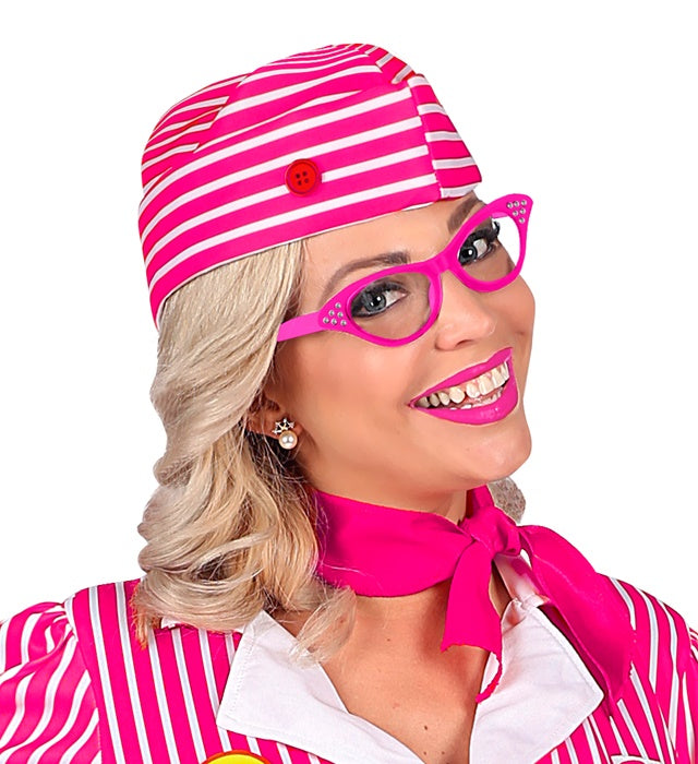 Pinkfarbene 50er Jahre Brille mit funkelnden Strasssteinen auf weißem Hintergrund