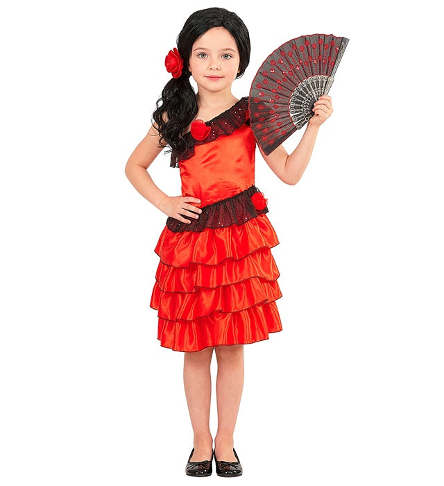 Senorita Kostüm bestehend aus Kleid und Haarspange mit Blume für Fasnacht