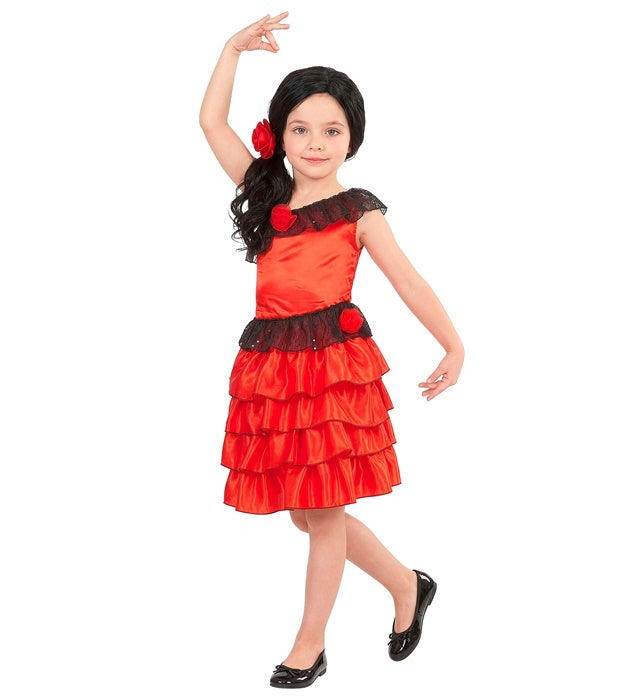 Senorita Kostüm bestehend aus Kleid und Haarspange mit Blume für Fasnacht