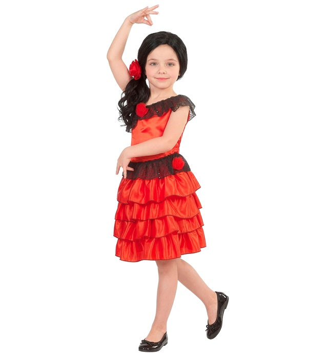 Senorita Kostüm bestehend aus Kleid und Haarspange mit Blume für Fasnacht