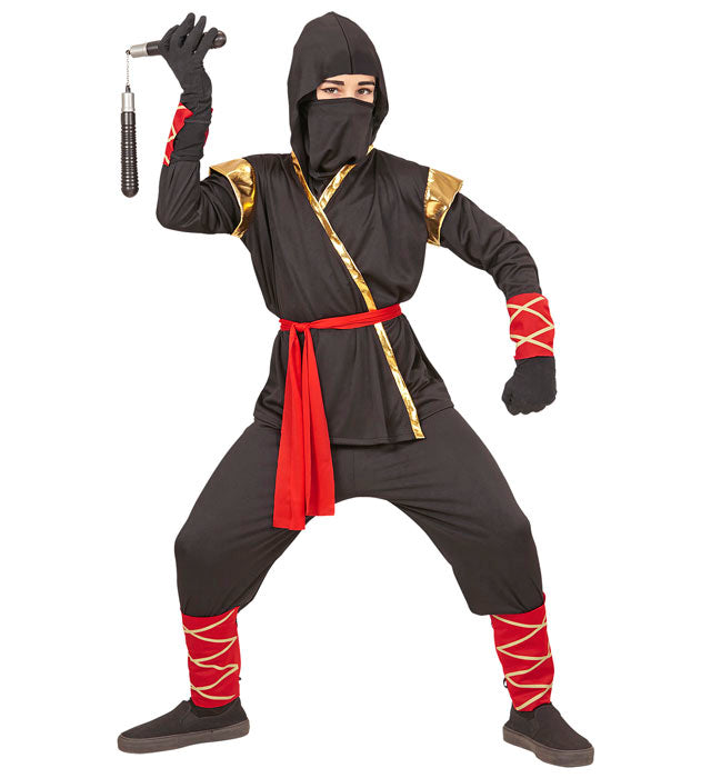 Ninja Kostüm Set mit Kapuze, Maske, Gürtel und Binden auf weissem Hintergrund