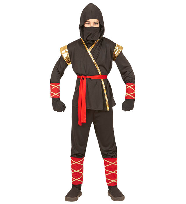 Ninja Kostüm Set mit Kapuze, Maske, Gürtel und Binden auf weissem Hintergrund