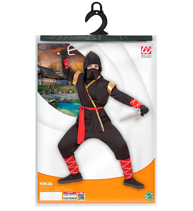 Ninja Kostüm Set mit Kapuze, Maske, Gürtel und Binden auf weissem Hintergrund
