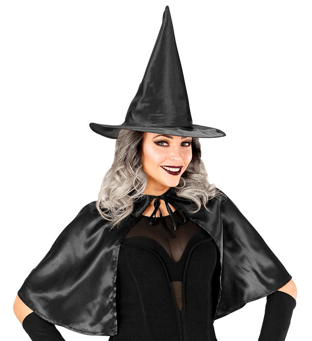 Schwarzer Hexen-Umhang mit spitzem Hut für Halloween und Fasnacht