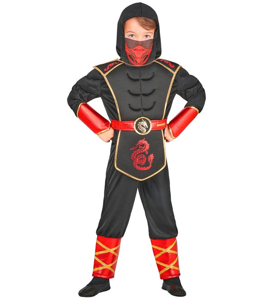 Ninja-Kostüm mit Kapuzenoberteil, Rüstung, Hose und Maske auf weißem Hintergrund