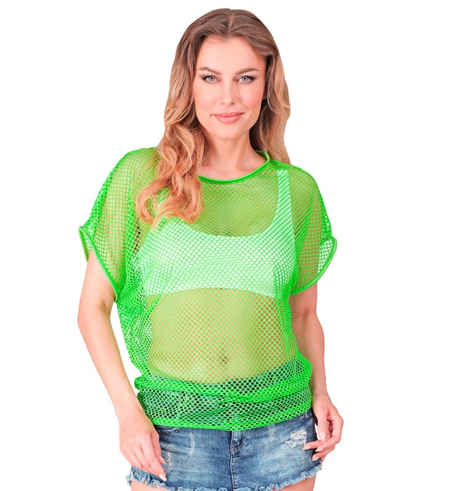 Neon grünes Netzshirt für Fasnacht und Mottoparty auf weissem Hintergrund