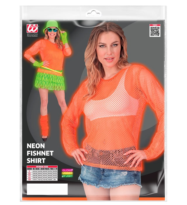 Neon oranges Netzshirt auf weißem Hintergrund, ideal für Fasnacht und Karneval