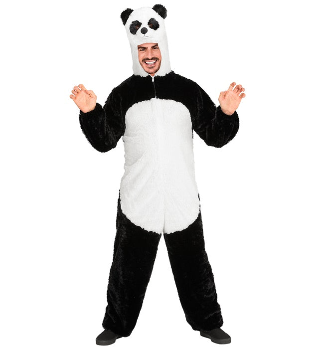 Panda Plüschkostüm mit Kapuze und Maske auf weißem Hintergrund
